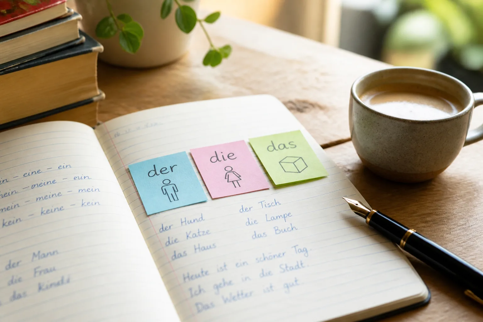Notebook, coloured sticky notes, and coffee on a desk for studying German articles