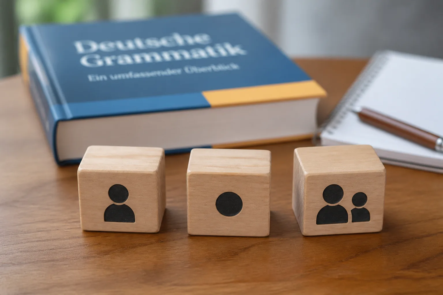 Three wooden study cards on a desk suggesting subject, object, and receiver