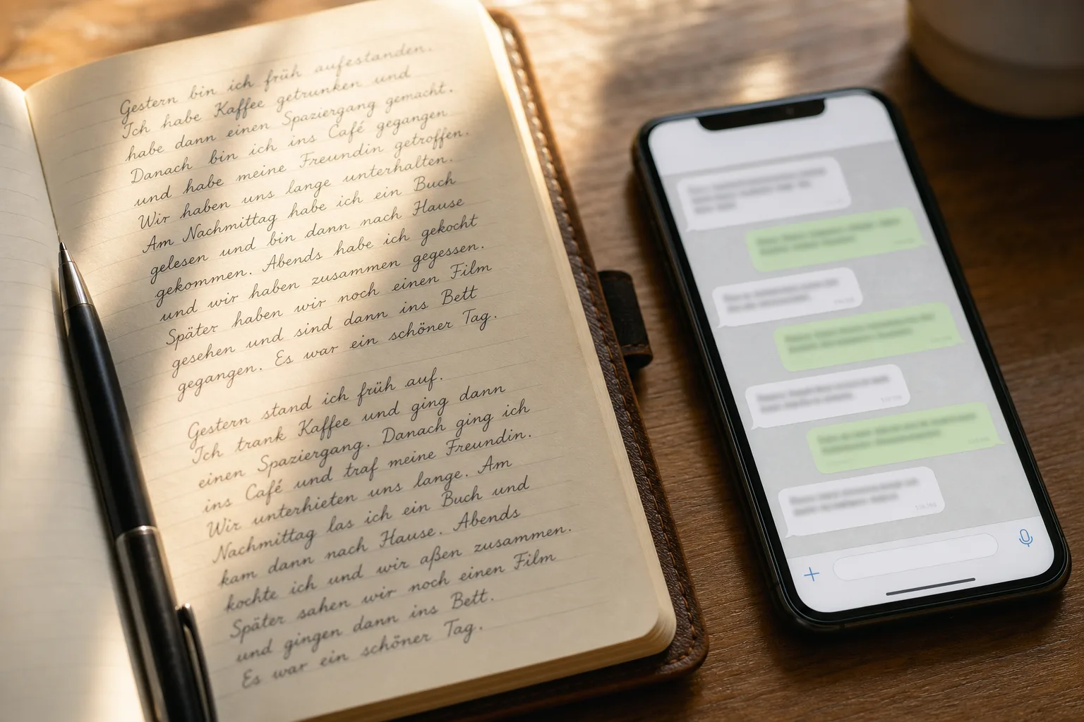 Handwritten German notes beside a phone chat, illustrating spoken vs written past tense