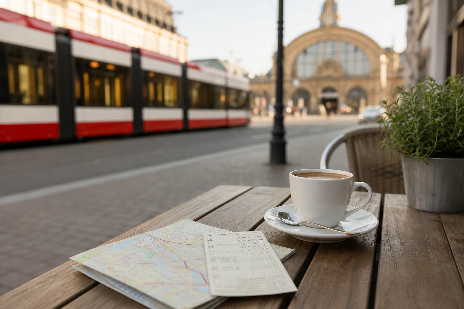 Coffee, ticket, and map on a café table near a European tram line